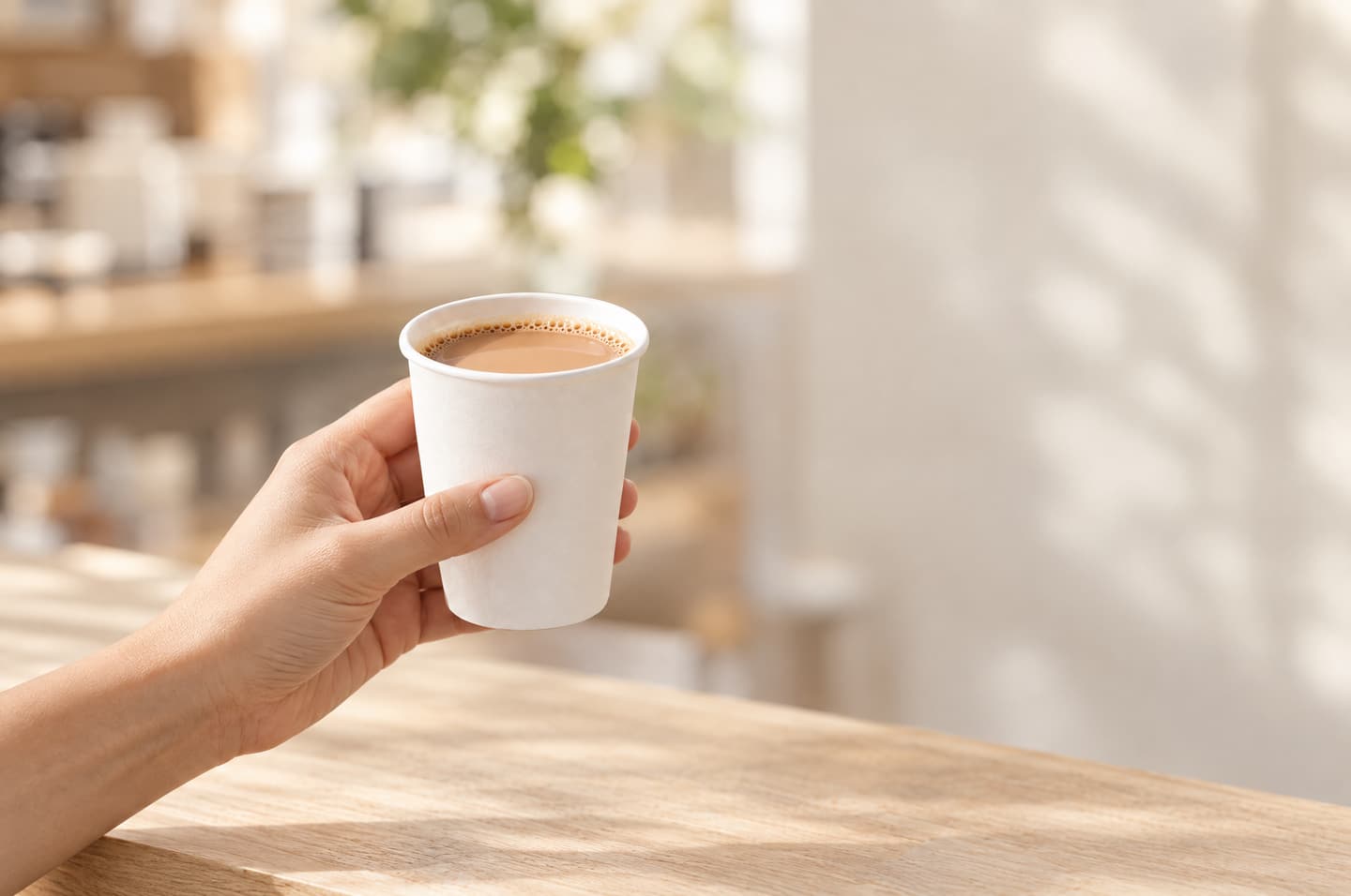 A hand holding a small white paper cup of chai at a light wooden café counter.