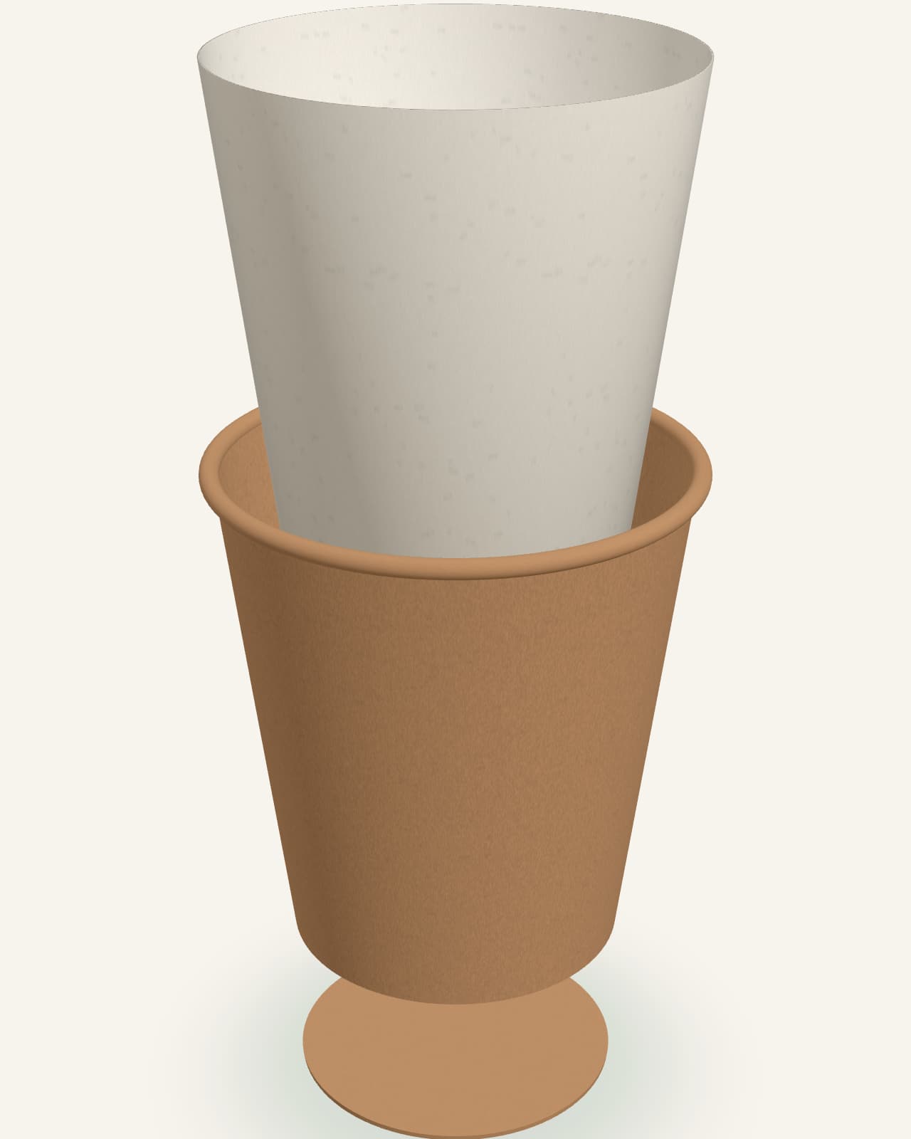 A plain kraft 7 oz paper cup drawn in three separated layers: the paperboard wall, a pale PLA lining lifted out above it, and the paperboard base below.