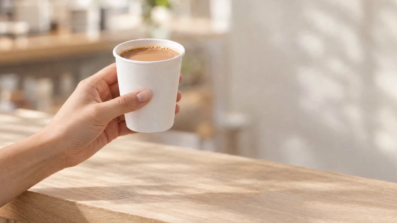 A hand holding a small white paper cup of chai above a light wooden café counter.